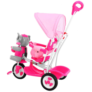 3-kołowy Rowerek dla dzieci Słonik Różowy + Dźwięki + Daszek + Barierka + Podnóżek + Rączka + Schowek